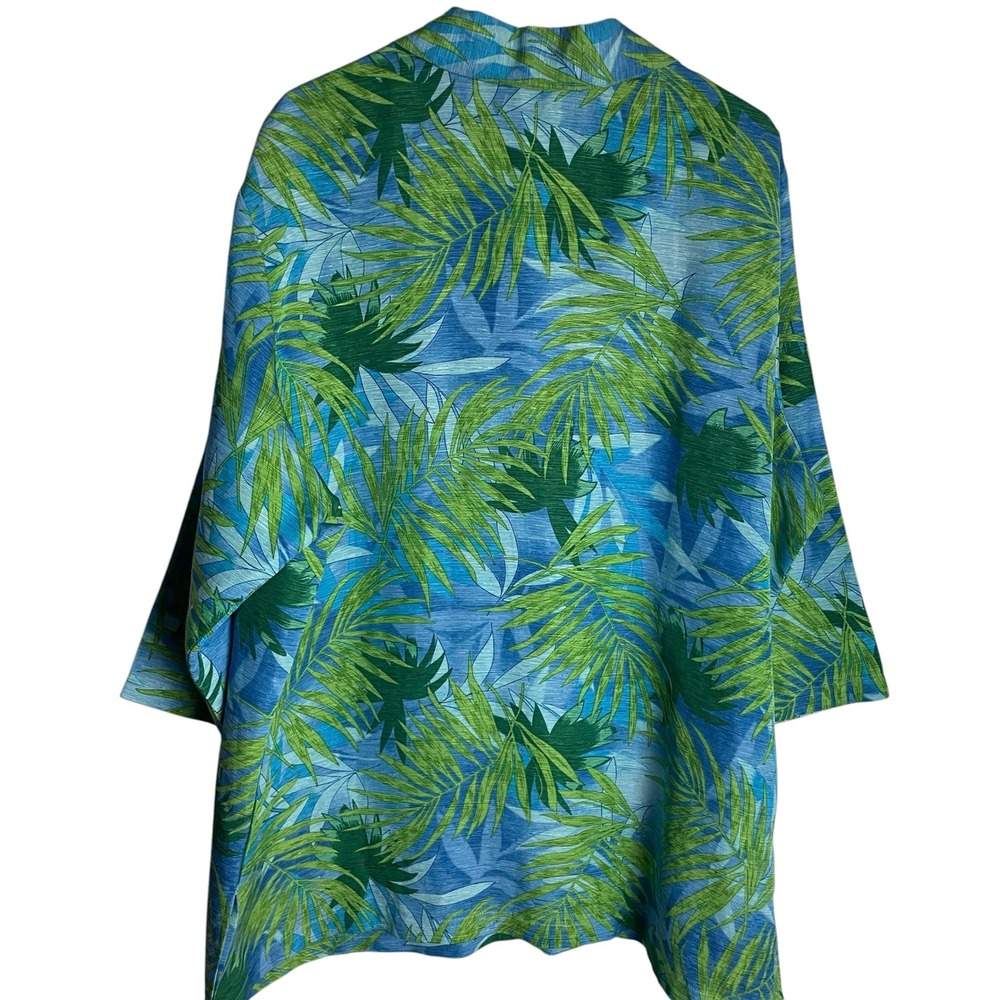 French Laundry Woman Tropical Silk Linen Blouse Sz 3X Blue Palm Print Button Up